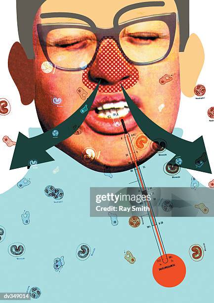 ilustraciones, imágenes clip art, dibujos animados e iconos de stock de young man spreading germs - celula procariota