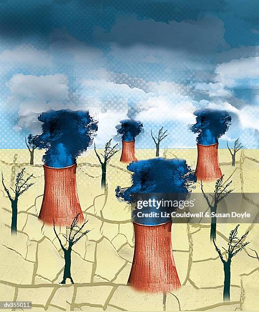 nuclear reactors with bare trees - acid rain stock illustrations