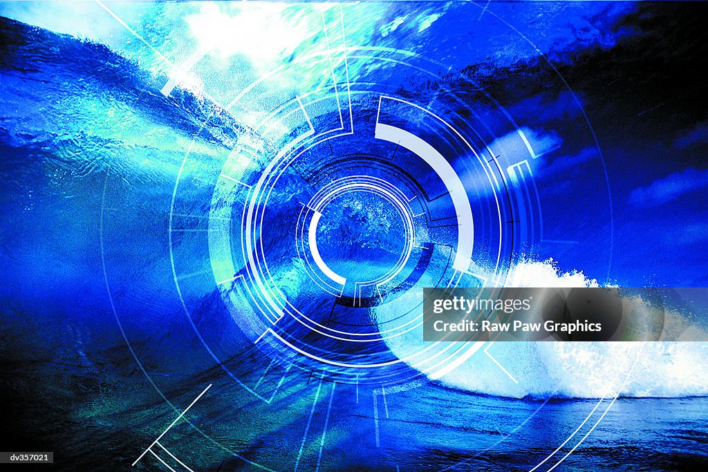 Blue ocean wave superimposed with circular diagram