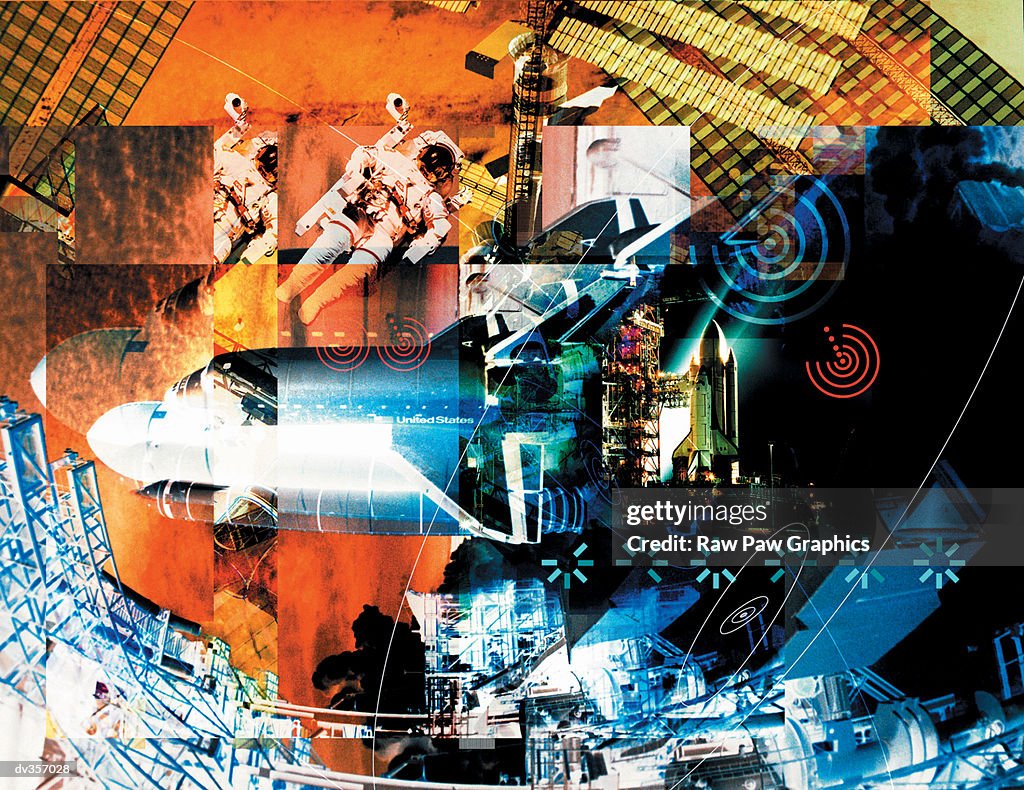 Collage Space Rockets Collage With Space Shuttle And Satellites High-Res Vector Graphic ...