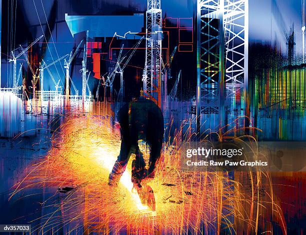 construction worker in sparks superimposed over cranes - construction welding stock illustrations