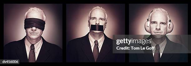 businessman doing see no evil, hear no evil, speak no evil - no stock pictures, royalty-free photos & images