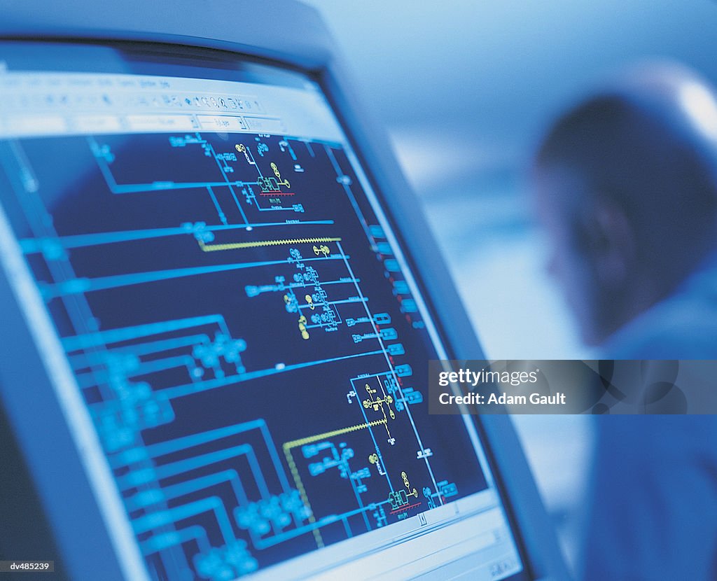 Close-Up of a Diagram on a Computer Monitor in a Power Generation Plant