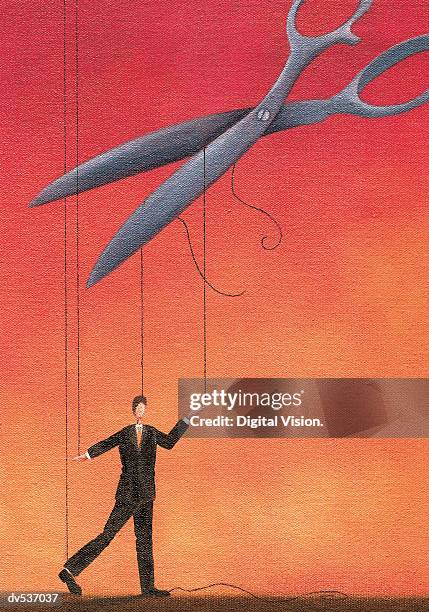 scissors cutting businessman's strings - puppet stock illustrations