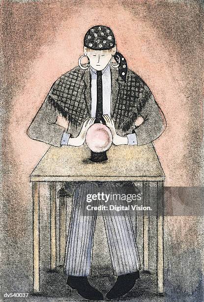 businessman looking at crystal ball - crystal stock-grafiken, -clipart, -cartoons und -symbole