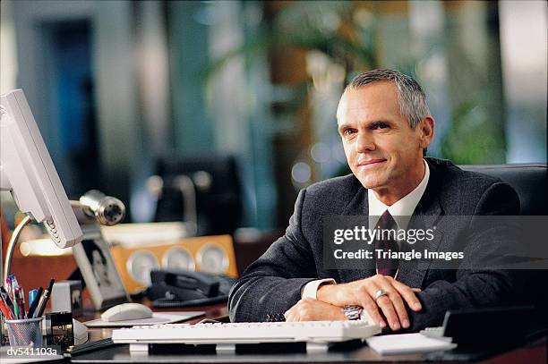 portrait of a mature businessman sitting at his desk - grené prononcé photos et images de collection