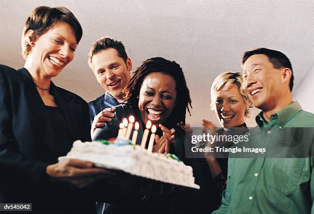 office celebration, birthday cake - celebration imagens e fotografias de stock