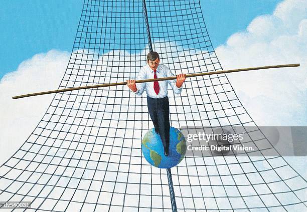 businessman balancing on globe - tightrope walker stock illustrations