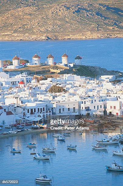 mykonos harbour, mykonos island, greece - peter island stock pictures, royalty-free photos & images