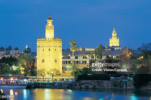 torre oro and the giralda tower, seville, andalusia, spain - oro imagens e fotografias de stock