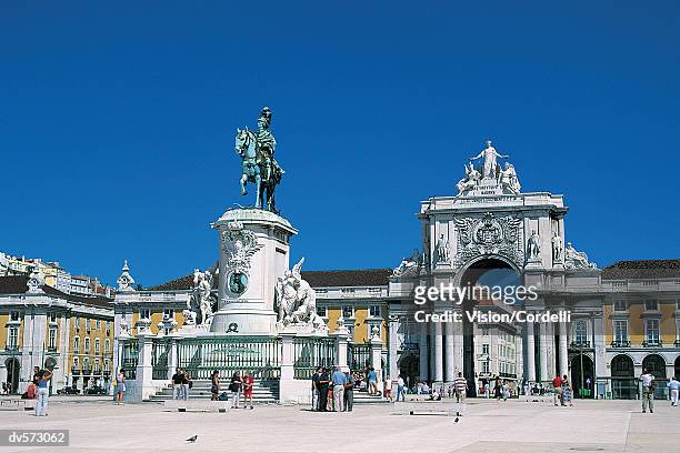 praca do comercio and statue of dom jose i, lisbon, portugal - baixa stock pictures, royalty-free photos & images
