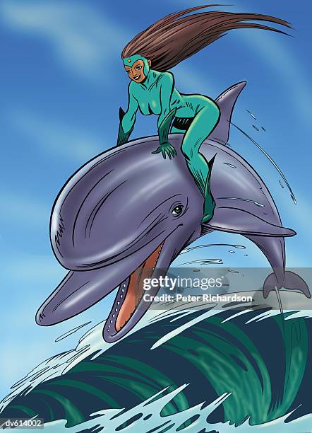 super heroine riding dolphin - richardson stock illustrations