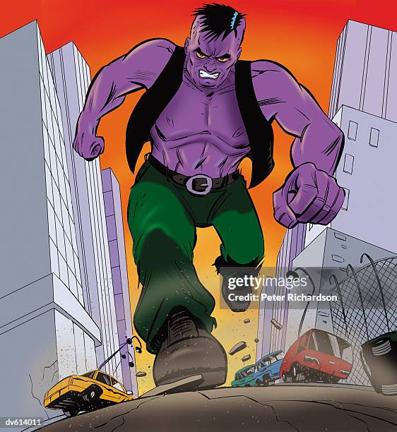 giant super villain rampaging through city - richardson stock illustrations