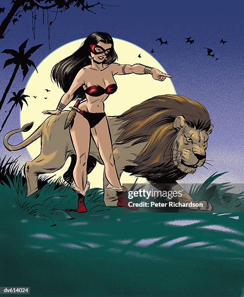 jungle heroine with lion - richardson stock illustrations