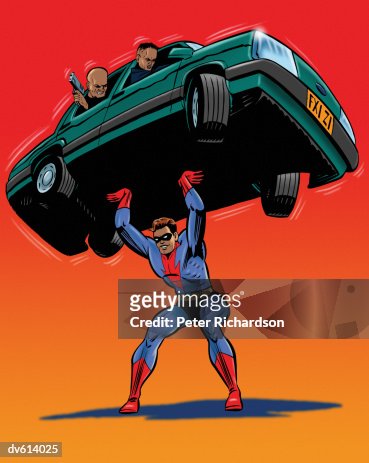 Super Hero Lifting Car Of Bad Guys High-Res Vector Graphic - Getty Images