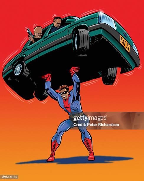 super hero lifting car of bad guys - richardson stock illustrations