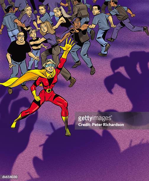super heroine defending crowd - richardson stock illustrations