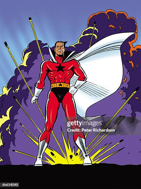 super hero standing in front of explosion - richardson stock illustrations