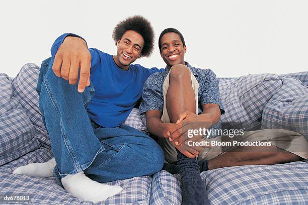 portrait of two men smiling on a sofa - loveseat fotografías e imágenes de stock