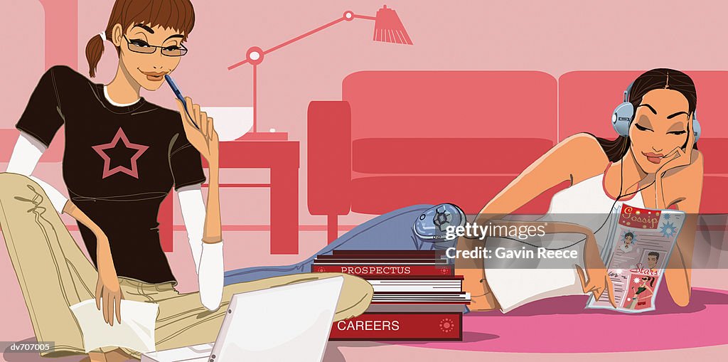 Woman Making a Job Application with Another Woman Listening to Music