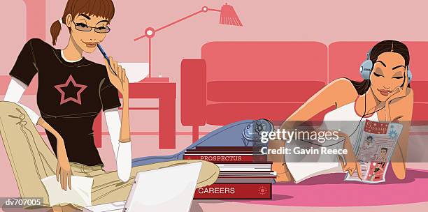 woman making a job application with another woman listening to music - reece stock illustrations