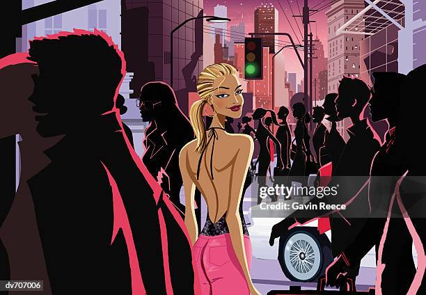 woman walking through a crowded urban street at night - reece stock illustrations