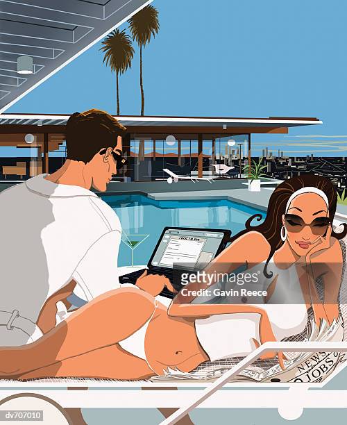 couple relaxing by a swimming pool - gavin stock illustrations