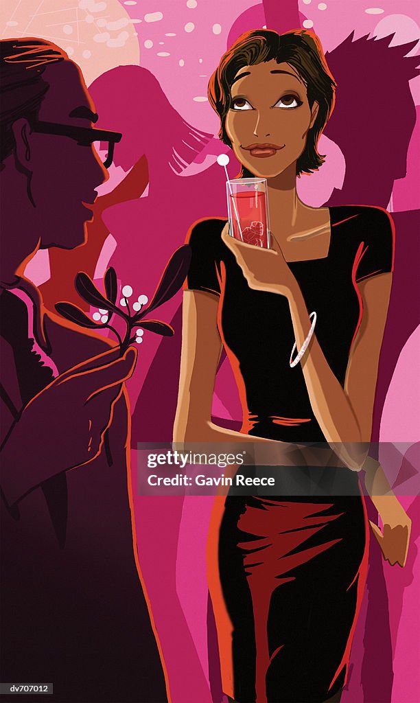Woman Holding a Drink at a Party with a Man Holding Mistletoe