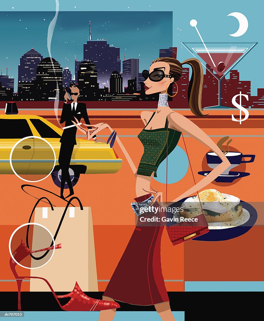 Wealthy Woman Smoking with a Man and a Limousine in the Background