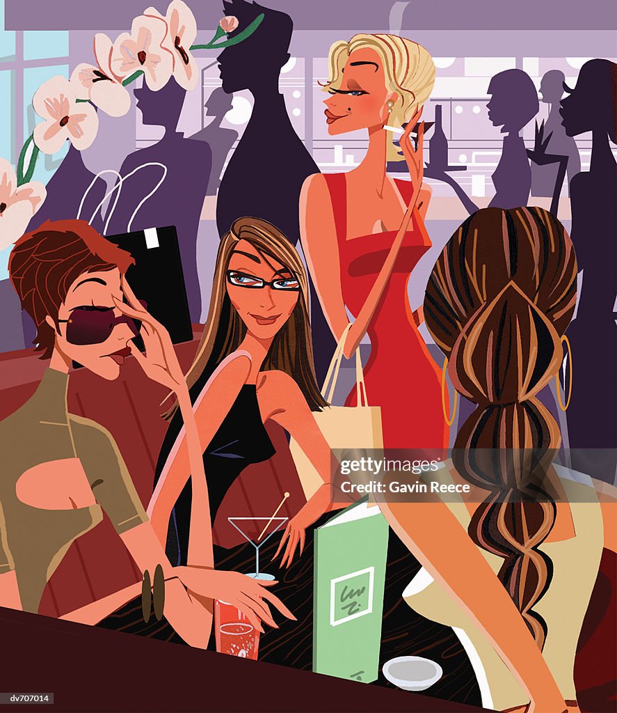 Four Women Relaxing in a Crowded Bar