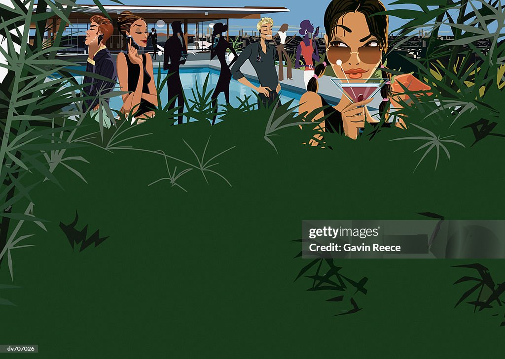 Woman Hiding in Vegetation at a Party
