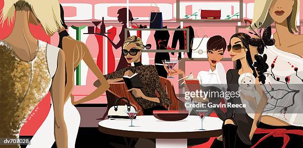 young woman checking diary in a crowded bar - pampered pets stock illustrations