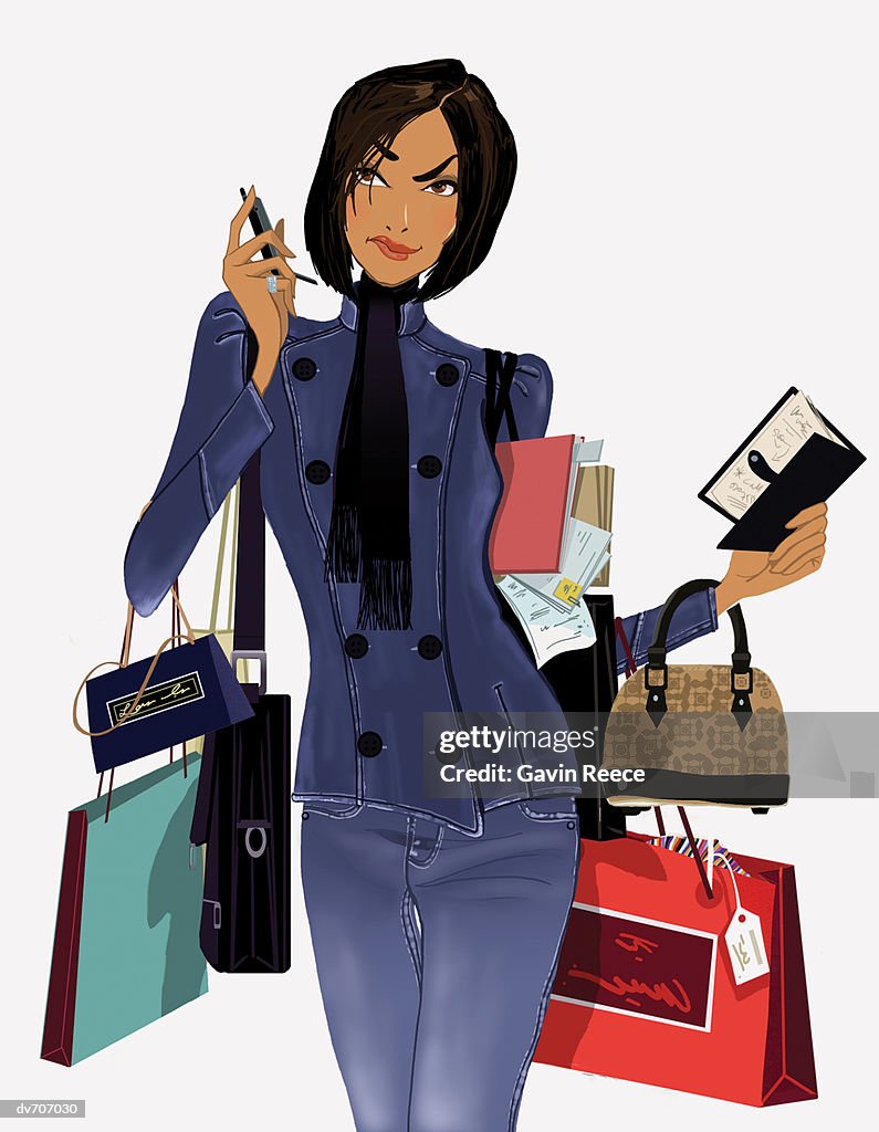 Portrait of a Woman Carrying a Mobile Phone and Shopping Bags