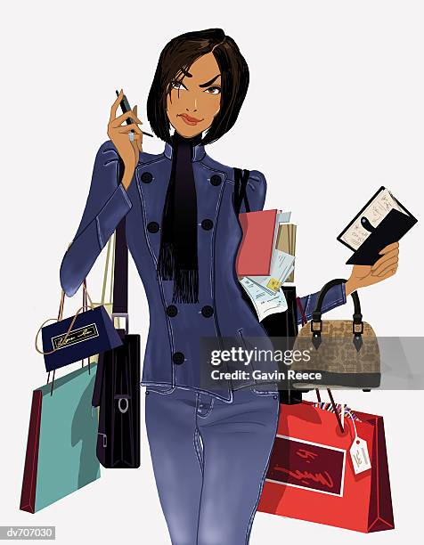 portrait of a woman carrying a mobile phone and shopping bags - gavin stock illustrations