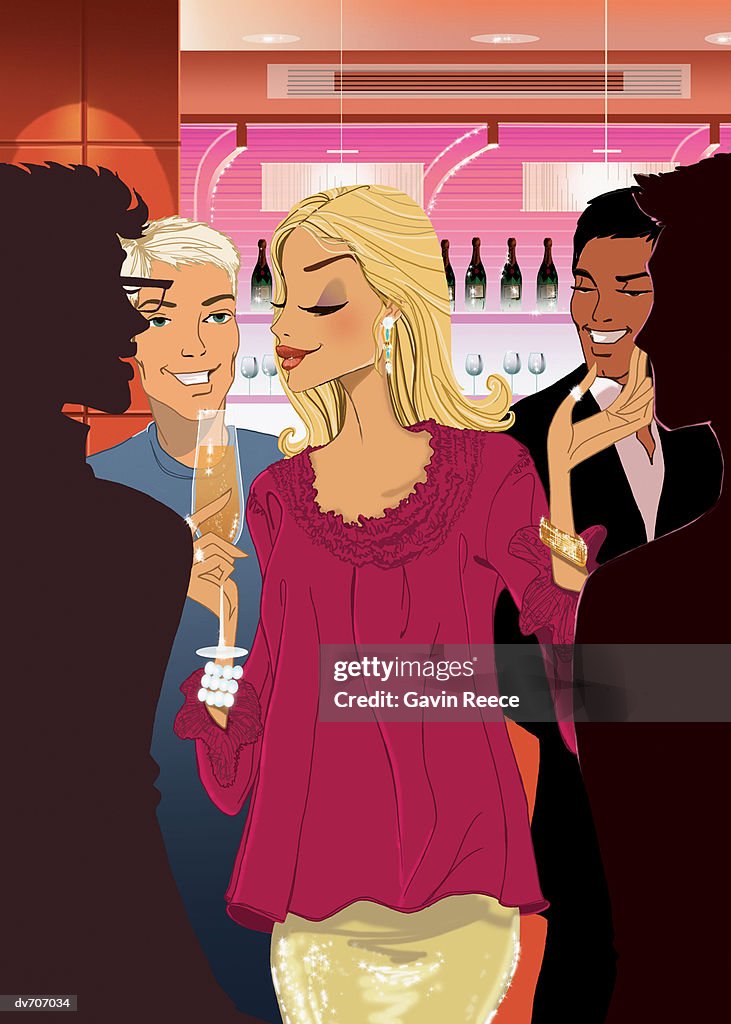 Woman at a Bar with Four Men Around her