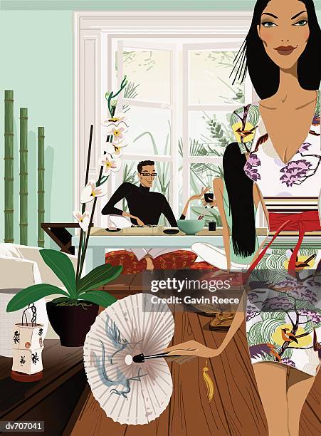 man in asian restaurant with a female waitress in the foreground - fans eating stock illustrations