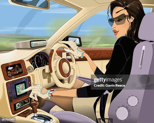 woman driving in a car using gps - automotive navigation system stock illustrations