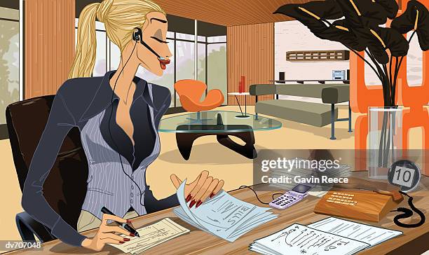 receptionist working at her desk - reece stock illustrations