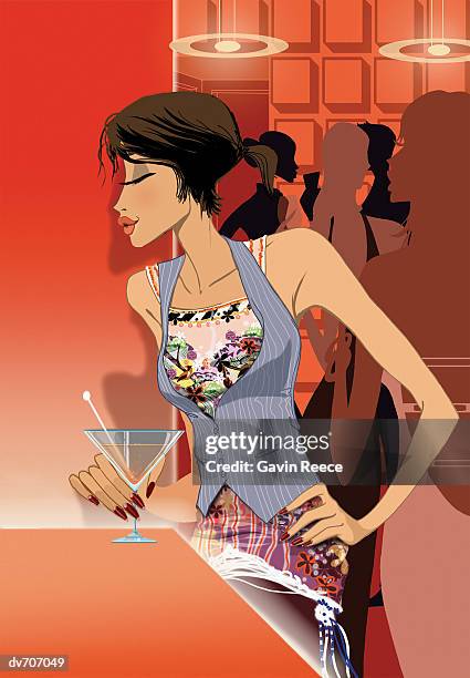 woman drinking a cocktail at a bar - reece stock illustrations