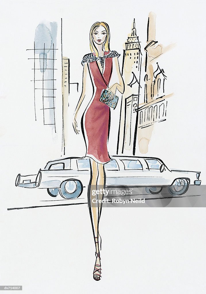 Portrait of a Woman in New York with a Limousine in the Background
