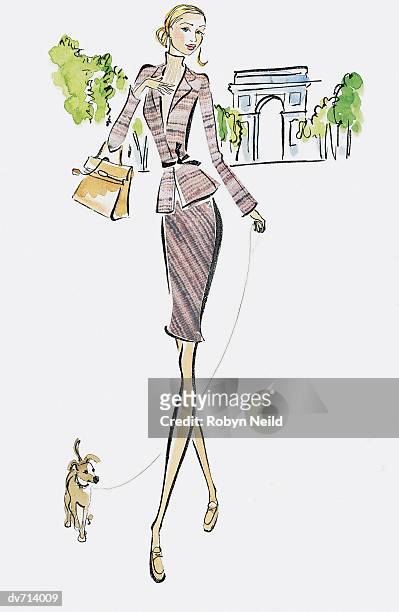 portrait of a woman walking her dog in paris - pampered pets stock illustrations