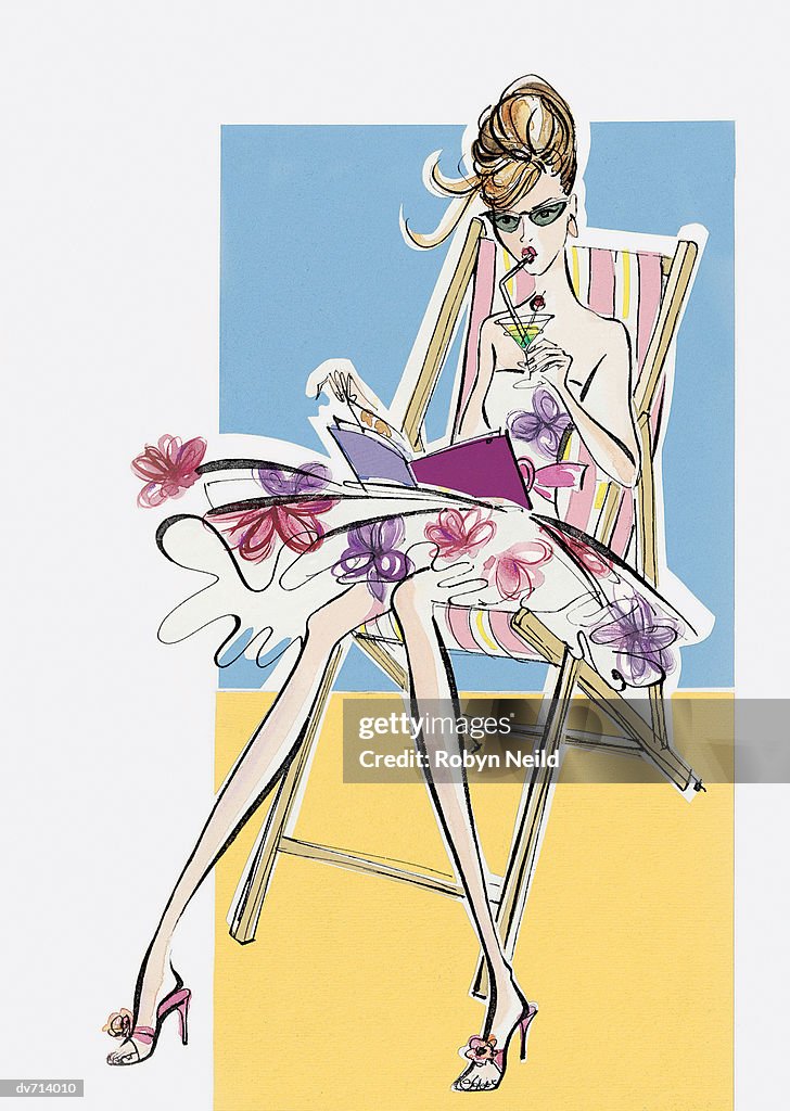 Portrait of a Woman Drinking a Cockteal and Reading a Book