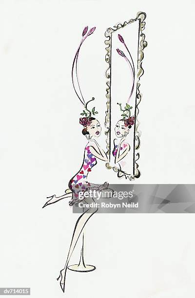 woman checking her hat in the mirror - woman-looking-into-mirror-full-body stock illustrations