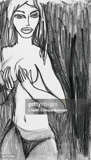 woman holding her breasts - hand on chest stock illustrations