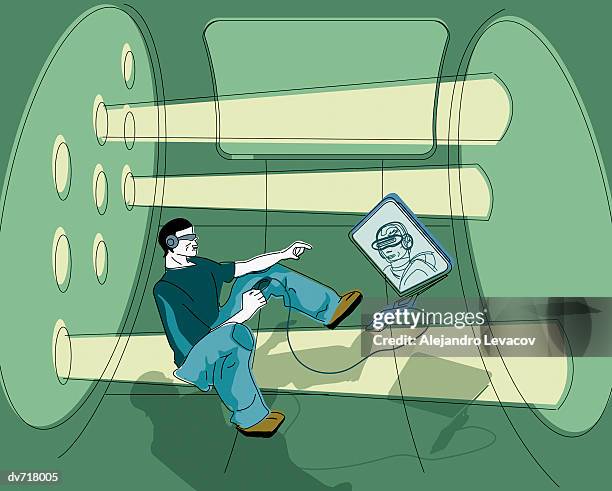 man using video conferencing in zero gravity room - man vr headset stock illustrations