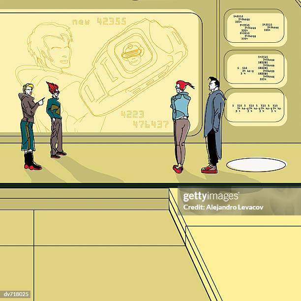 stockillustraties, clipart, cartoons en iconen met people standing in front of futuristic advertising - ultimate media day