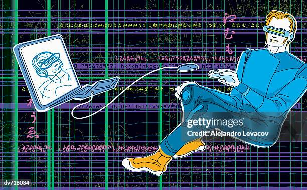 man using futuristic video conferencing - man vr headset stock illustrations