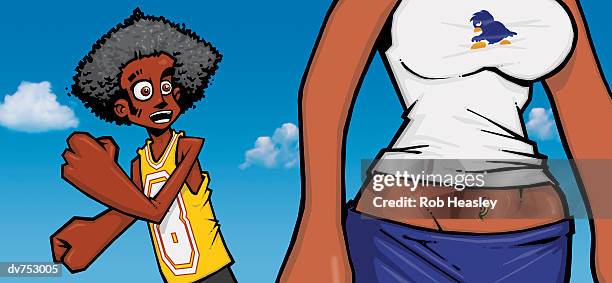 young man gazing at a woman - belly ring stock illustrations