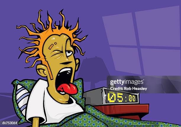 young man waking up early in the morning - spitzhaarfrisur stock-grafiken, -clipart, -cartoons und -symbole