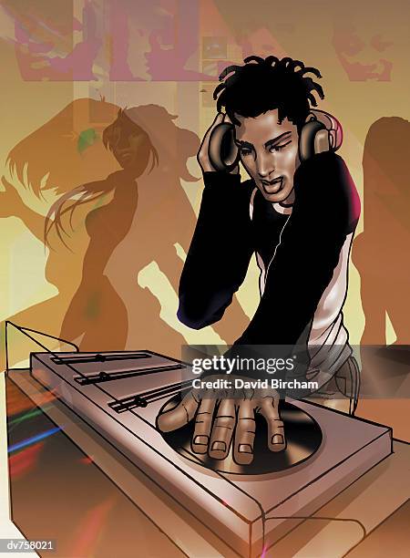 stockillustraties, clipart, cartoons en iconen met portrait of a young dj putting on a record on a turntable in a nightclub - lyte honors remy ma wale during 5th year anniversary celebration of hip hop sisters foundation